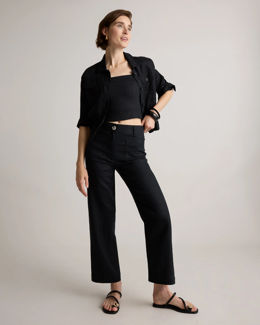 100% European Linen Patch Pocket Wide Leg Pants - 0 / Taupe Brown Chambray