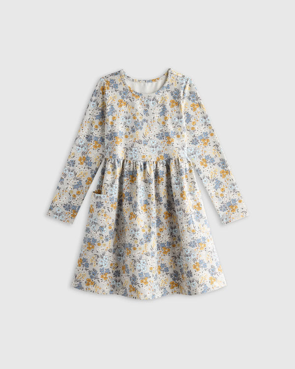 Organic Cotton Long Sleeve Fit and Flare Pocket Dress - 2T / Purple Poppy Garden
