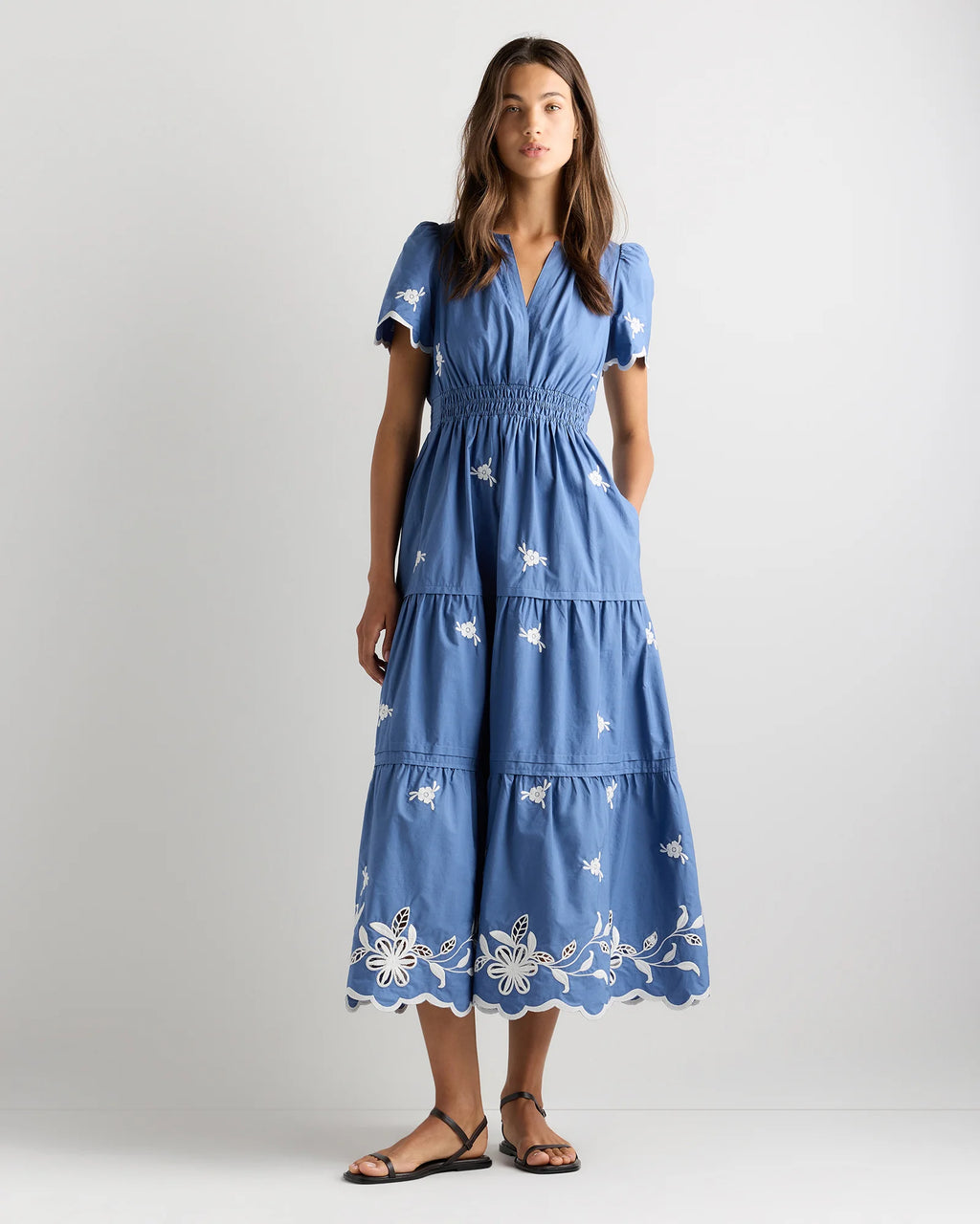 100% Organic Cotton Poplin Embroidered Tiered Maxi Dress - XS / Moonstone Blue