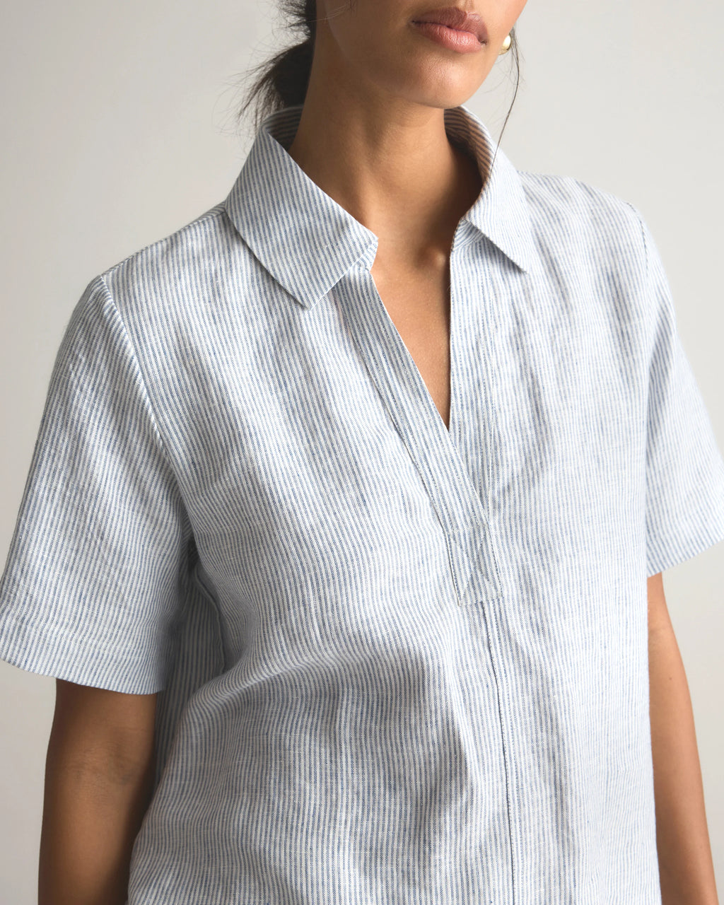 100% European Linen Short Sleeve Popover Top - XS / Blue Pinstripe