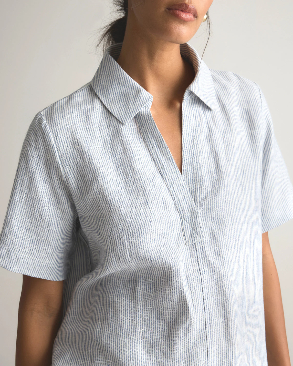 100% European Linen Short Sleeve Popover Top - XS / Blue Pinstripe