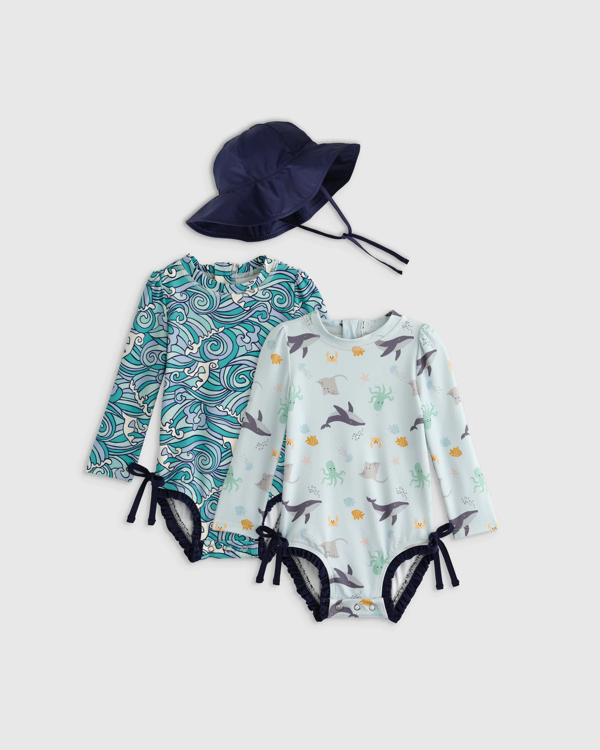 Sunsafe Ruffle One-Piece Rash Guard & Hat Set - 0-3M / Under the Sea/Waves Main image