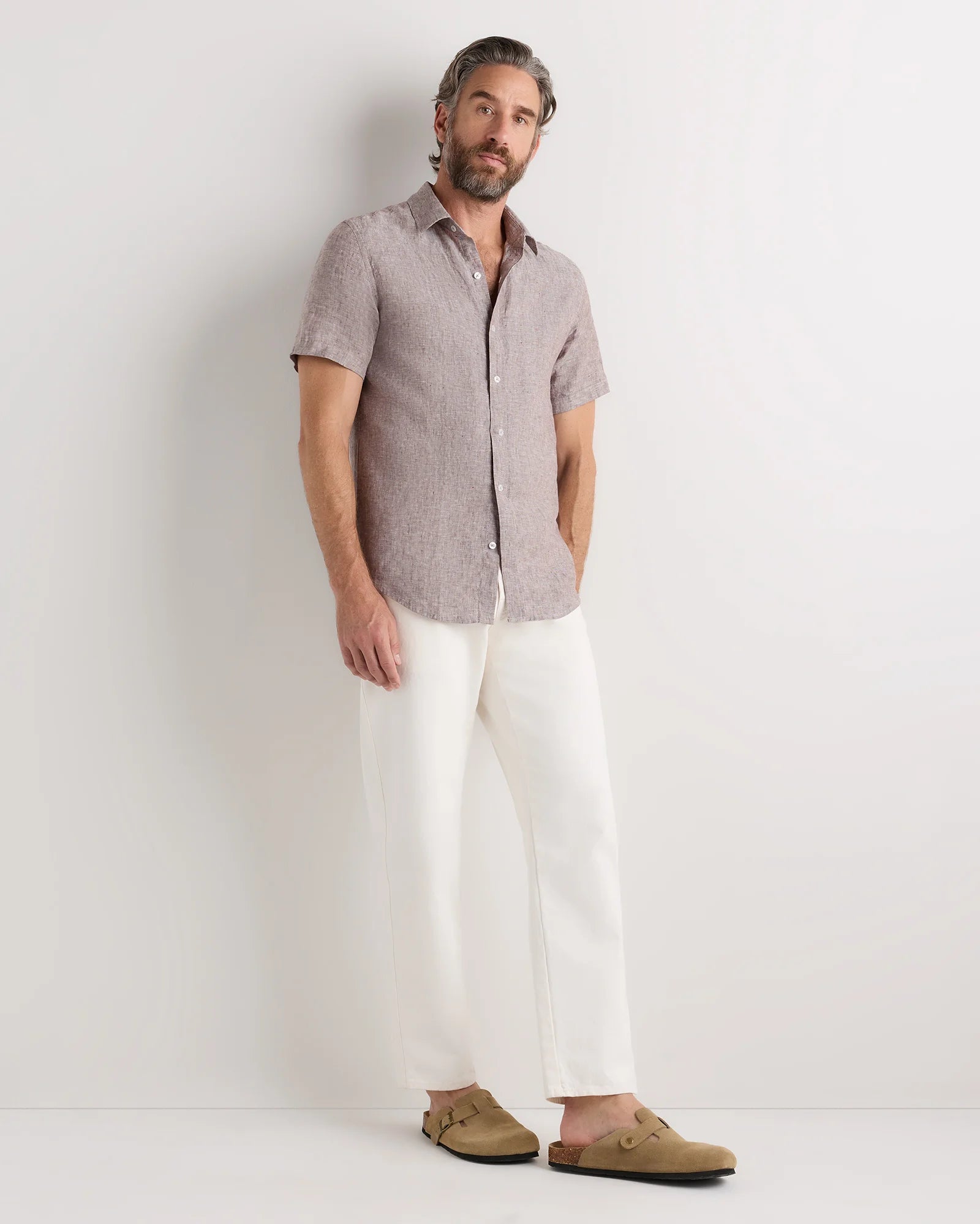100% European Linen Relaxed Short Sleeve Shirt - XS / Taupe Brown Chambray Secondary image