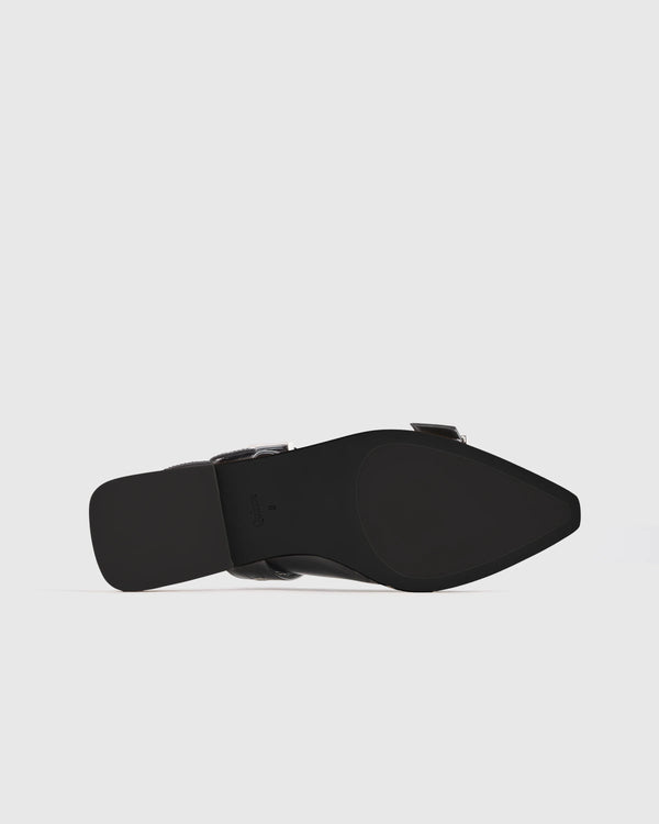 Italian Leather Bold Buckle Slingback Flat - 5 / Black