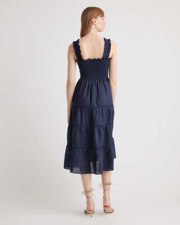 100% European Linen Smocked Midi Dress - XS / Ivory Porcelain Blue Petite Floral