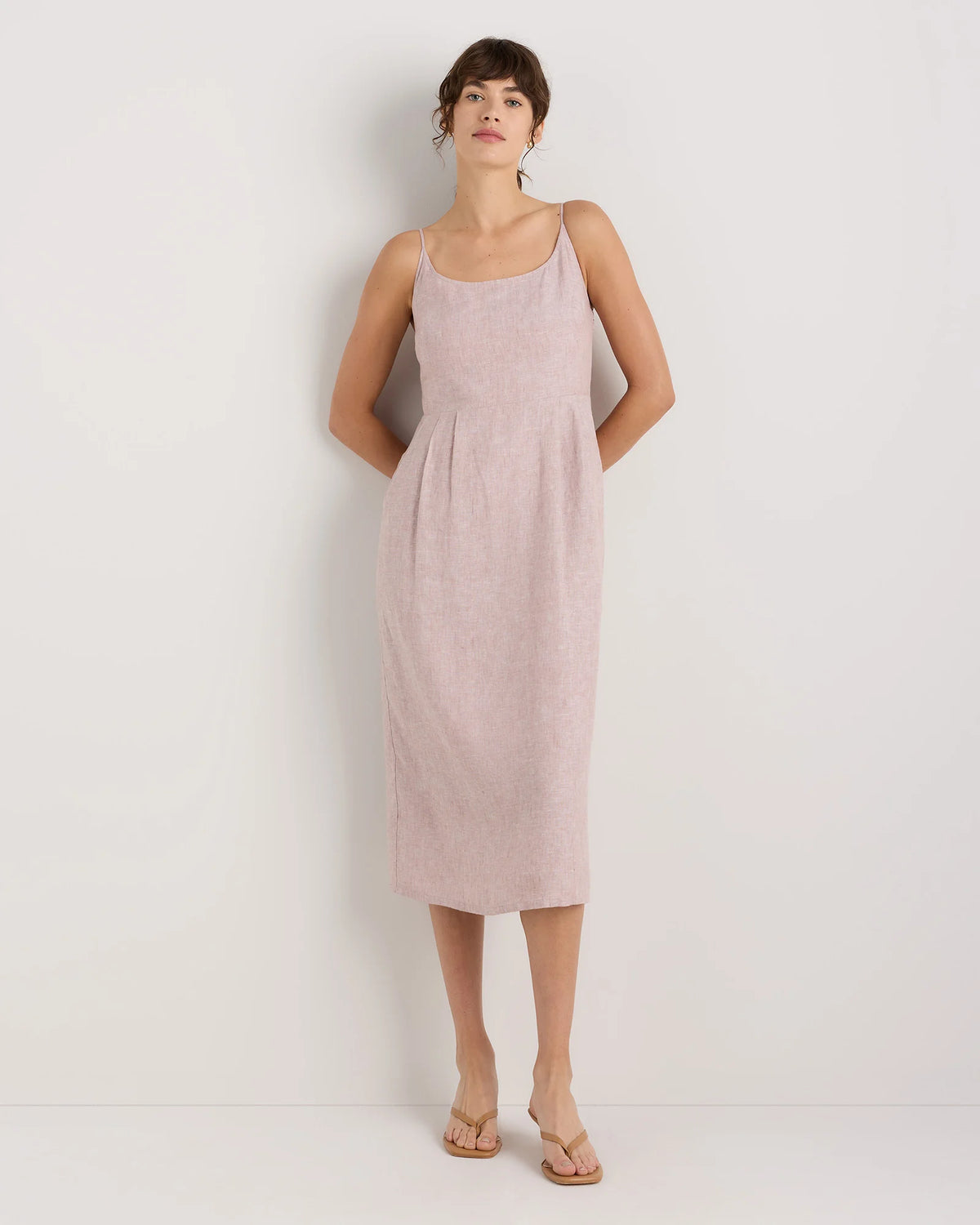 100% European Linen Scoop Neck Midi Dress - XS / Ivory Porcelain Blue Petite Floral