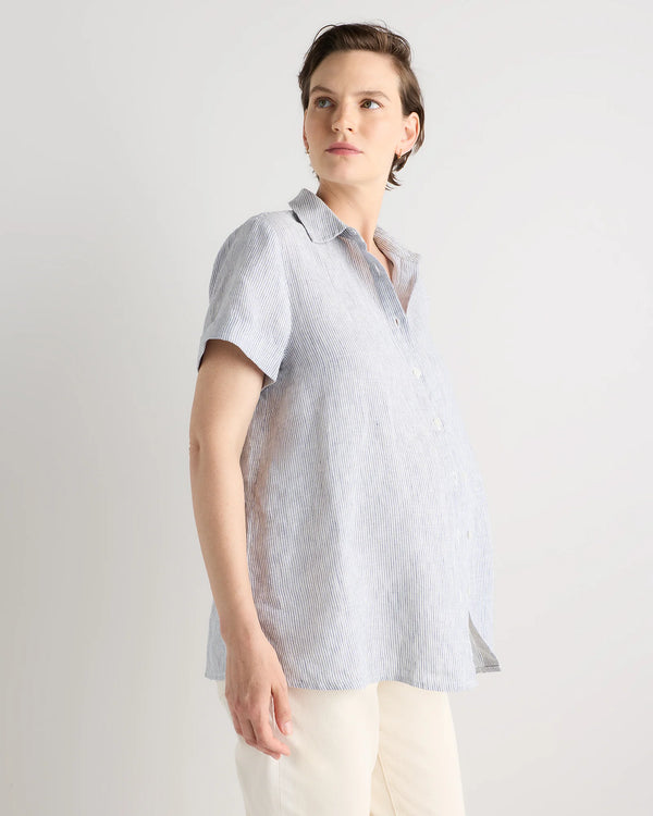 100% European Linen Maternity Camp Shirt - XS / Blue Pinstripe