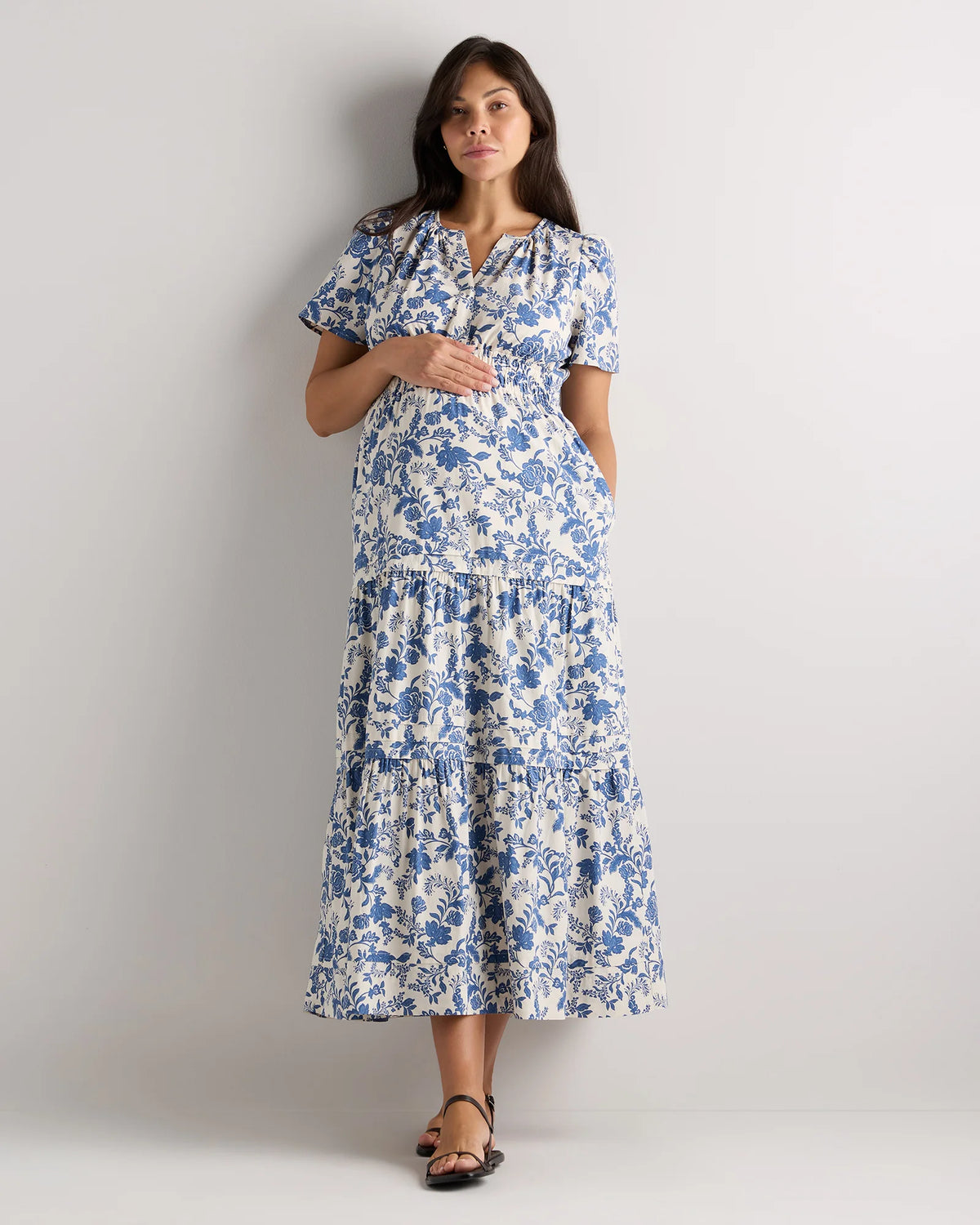 100% Organic Cotton Poplin Maternity Tiered Maxi Dress - XS / Riviera Blue Heirloom Floral Main image