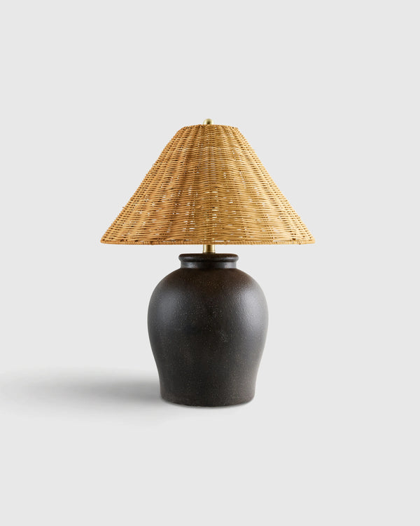 Artisan Ceramic Table Lamp with Rattan Shade - One Size / Black