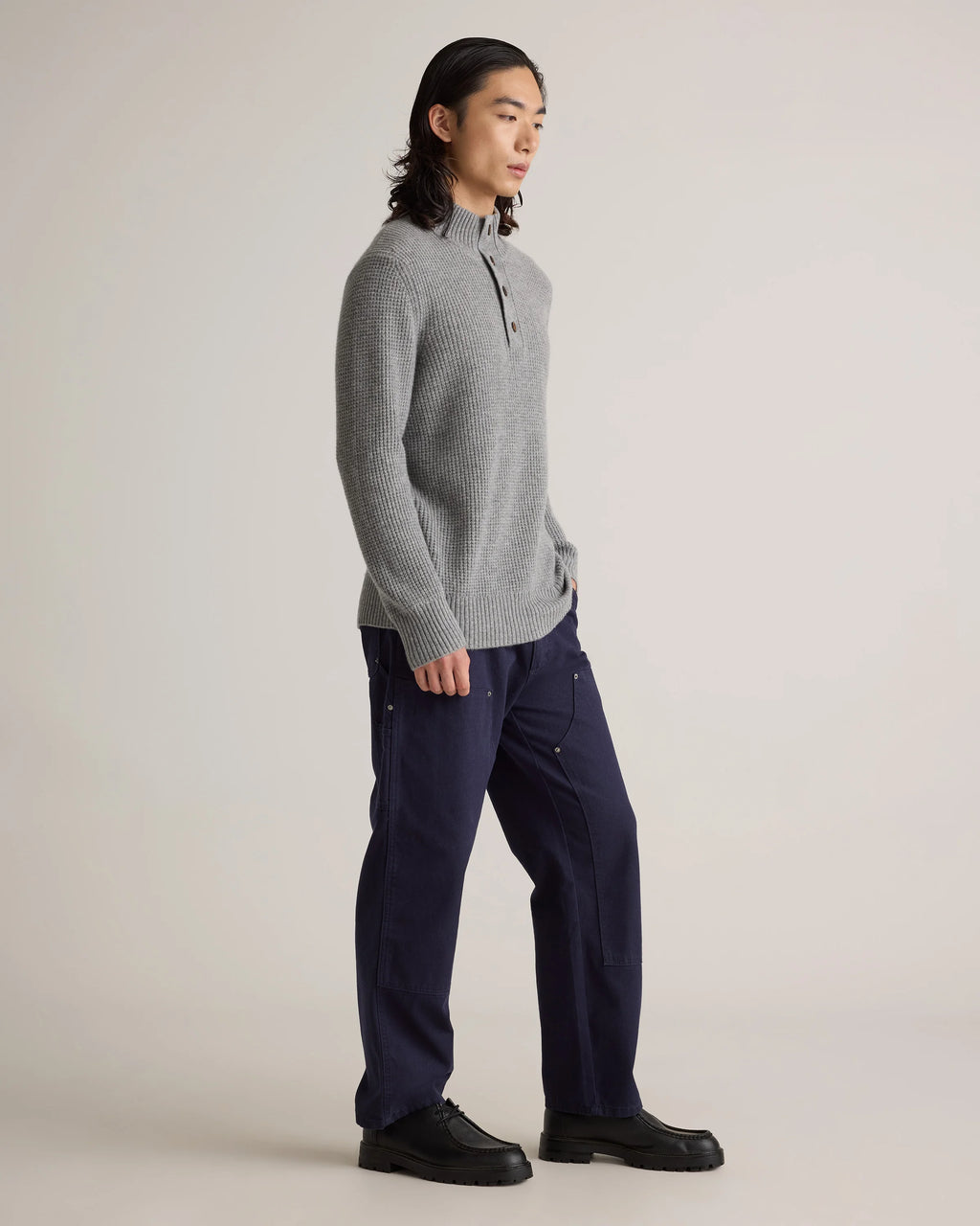 Mongolian Cashmere Waffle Quarter Button Sweater - S / Elk Brown