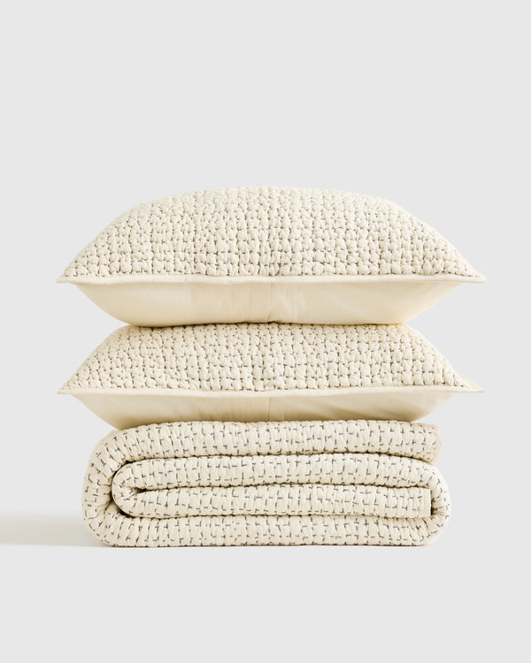 Organic Cotton Hand Stitched Quilt Set - Twin / Stone