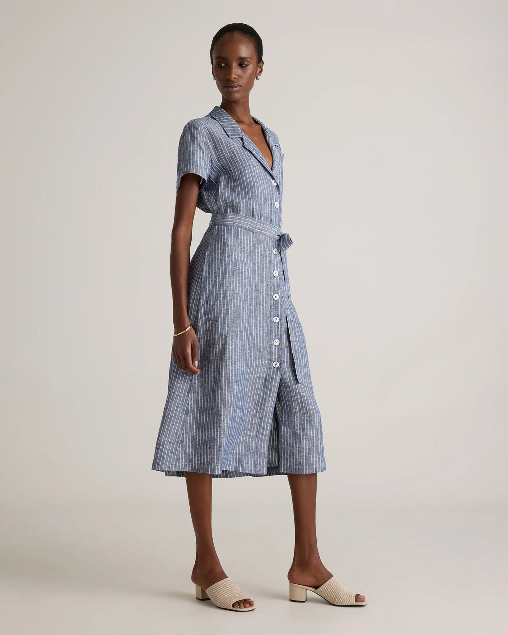 100% European Linen Button Front Dress - XS / Sky Blue Mariner Stripe