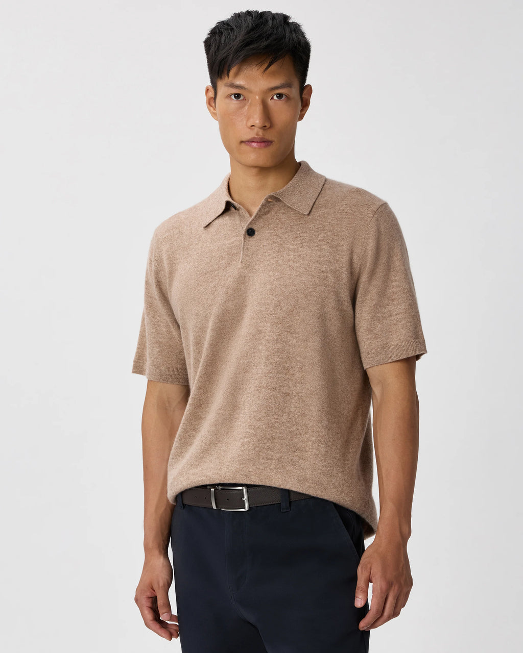 100% Mongolian Cashmere Short Sleeve Polo Sweater - S / Heather Storm Blue