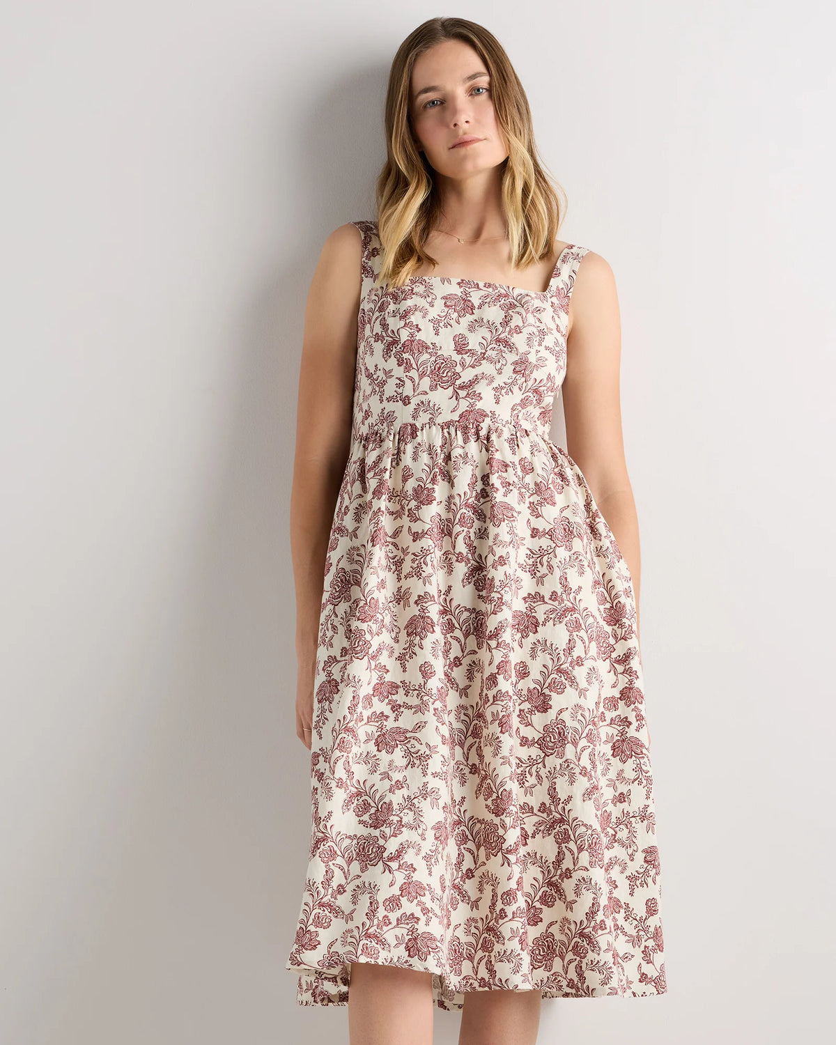 100% European Linen Fit & Flare Midi Dress - XS / Brick Red Heirloom Floral Main image