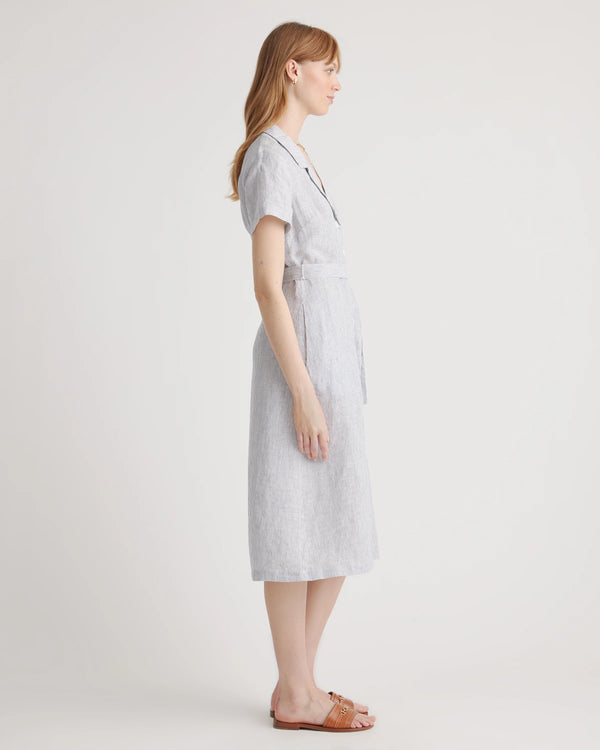 100% European Linen Button Front Dress - XS / Sky Blue Mariner Stripe