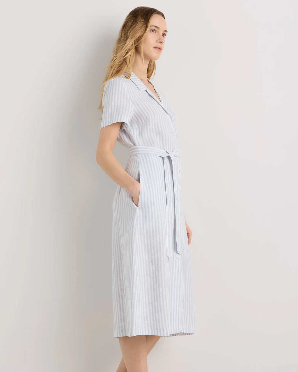 100% European Linen Button Front Dress - XS / Sky Blue Mariner Stripe