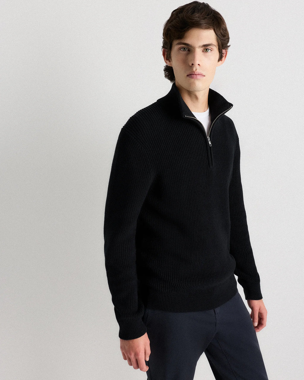 100% Organic Cotton Ribbed Quarter-Zip Sweater - S / Navy