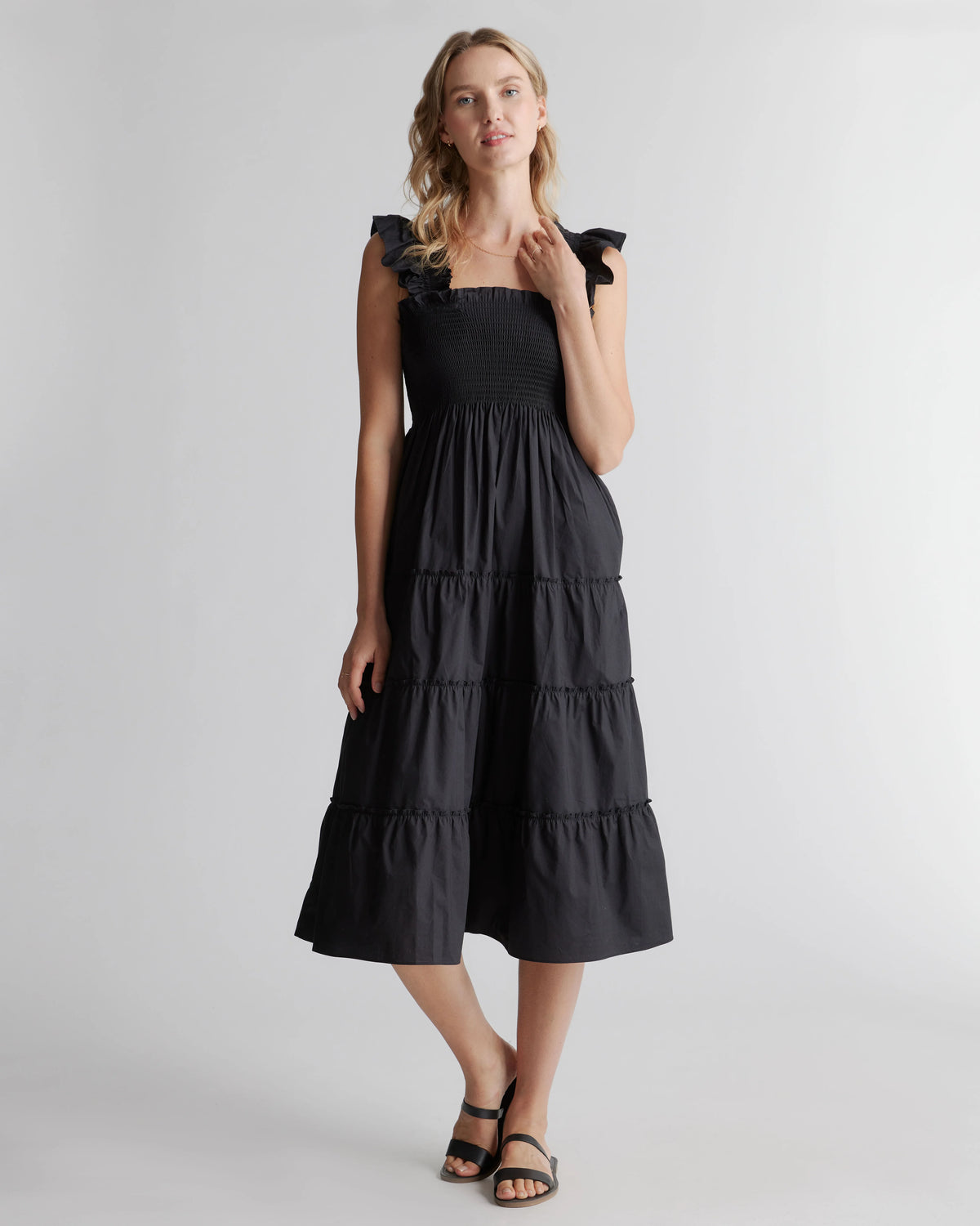 100% Organic Cotton Poplin Smocked Midi Dress - XS / Riviera Blue Heirloom Floral