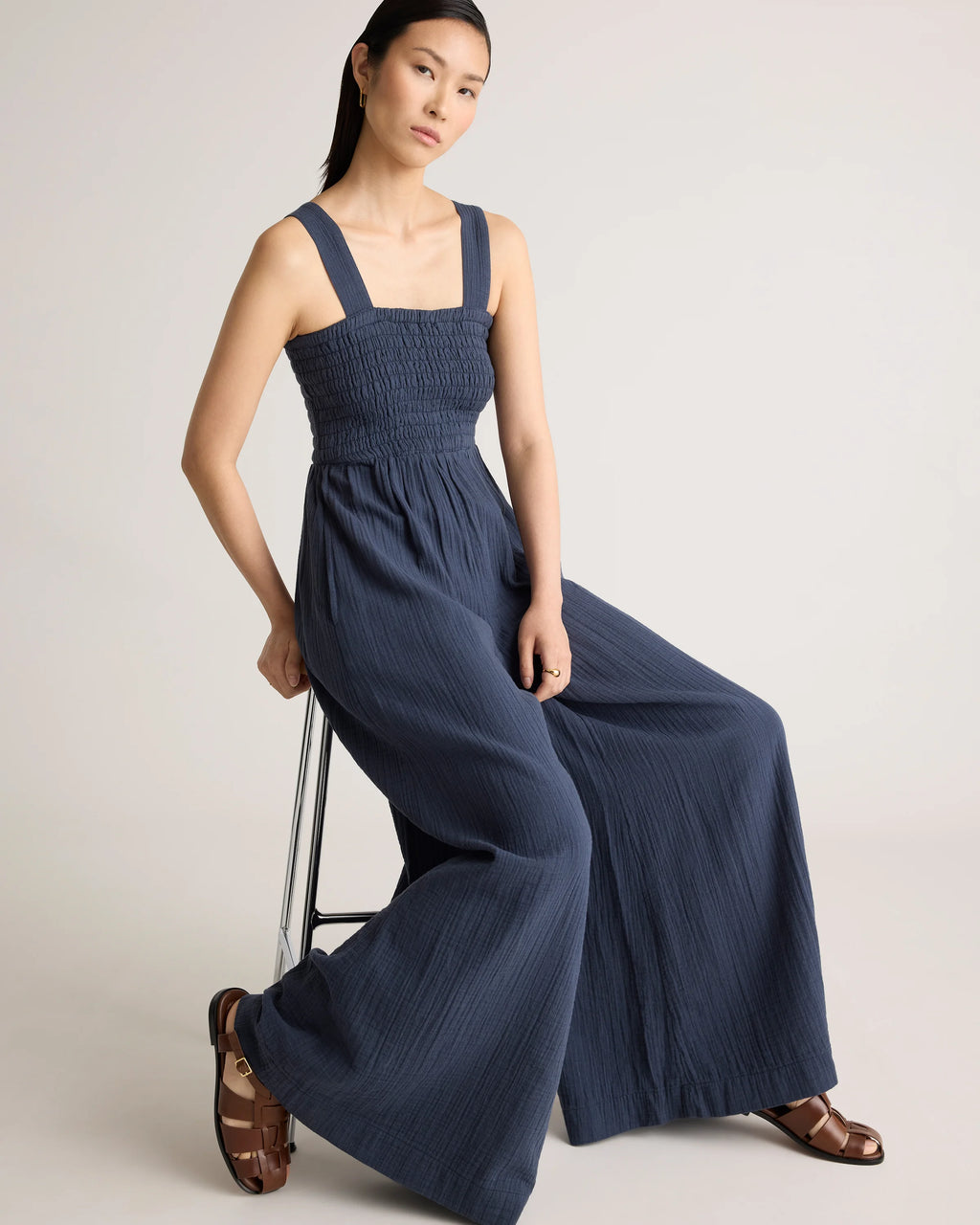 100% Organic Cotton Gauze Smocked Wide Leg Jumpsuit - XS / Wild Cherry
