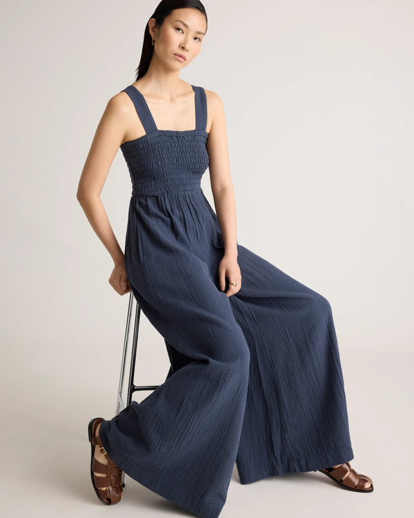 100% Organic Cotton Gauze Smocked Wide Leg Jumpsuit - XS / Wild Cherry