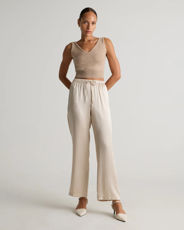 100% Washable Silk Drawstring Wide Leg Pants - XS / Champagne