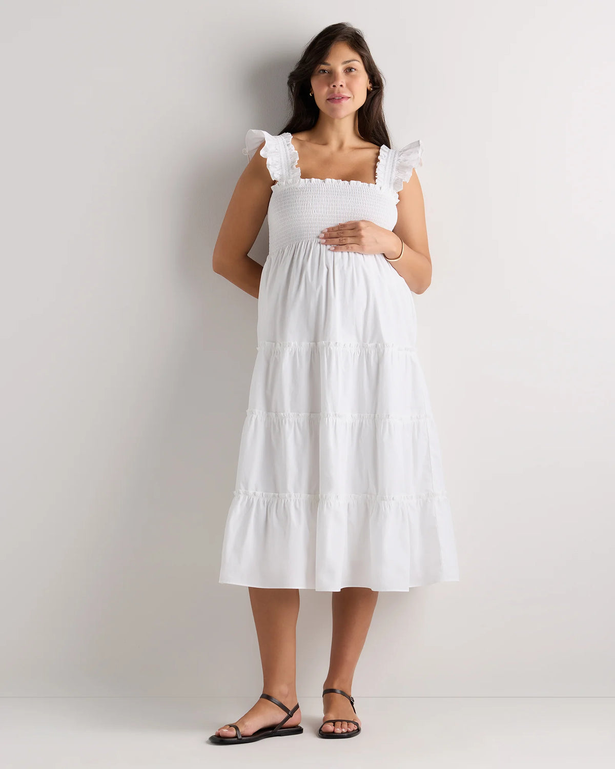 100% Organic Cotton Poplin Maternity Smocked Midi Dress - XS / Classic White Main image