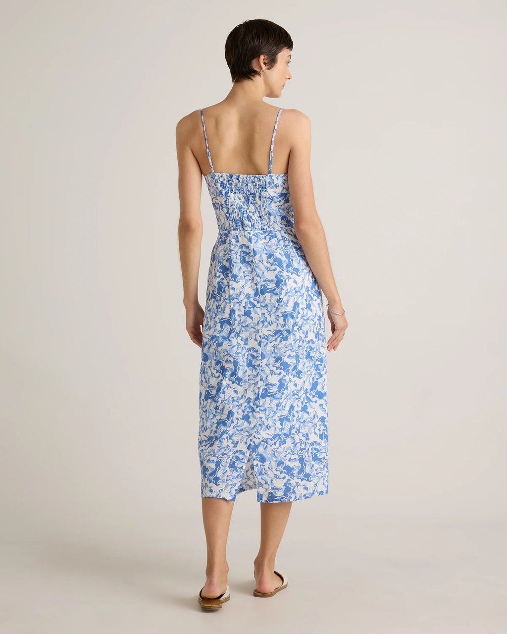 100% European Linen Scoop Neck Midi Dress - XS / Ivory Porcelain Blue Petite Floral