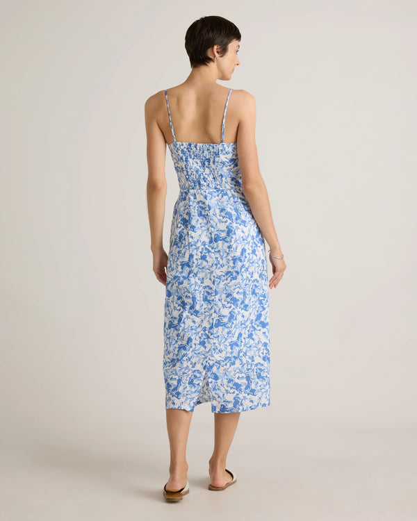 100% European Linen Scoop Neck Midi Dress - XS / Ivory Porcelain Blue Petite Floral