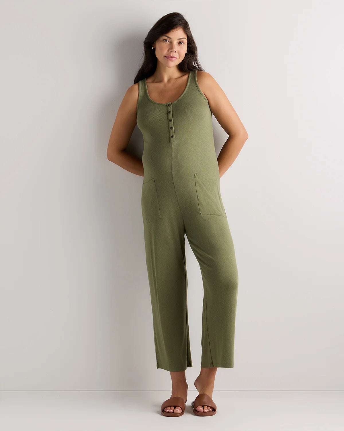 Bamboo Rib Maternity Button Front Jumpsuit - XS / Green Tea Main image