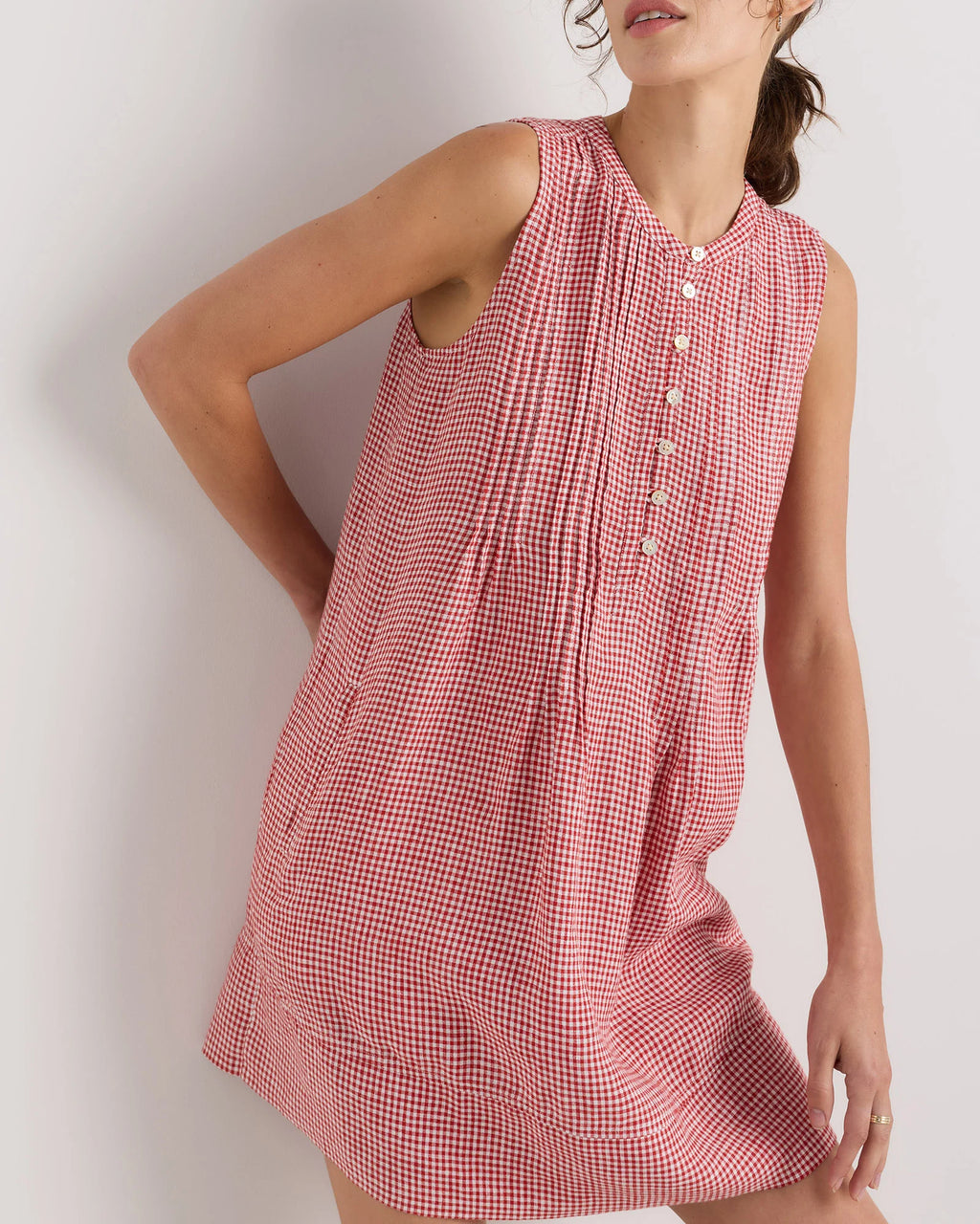 100% European Linen Sleeveless Swing Dress - XS / Classic Mini Gingham
