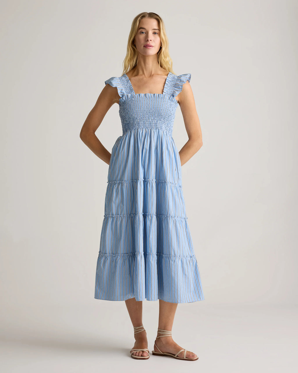 100% Organic Cotton Poplin Smocked Midi Dress - XS / Riviera Blue Heirloom Floral
