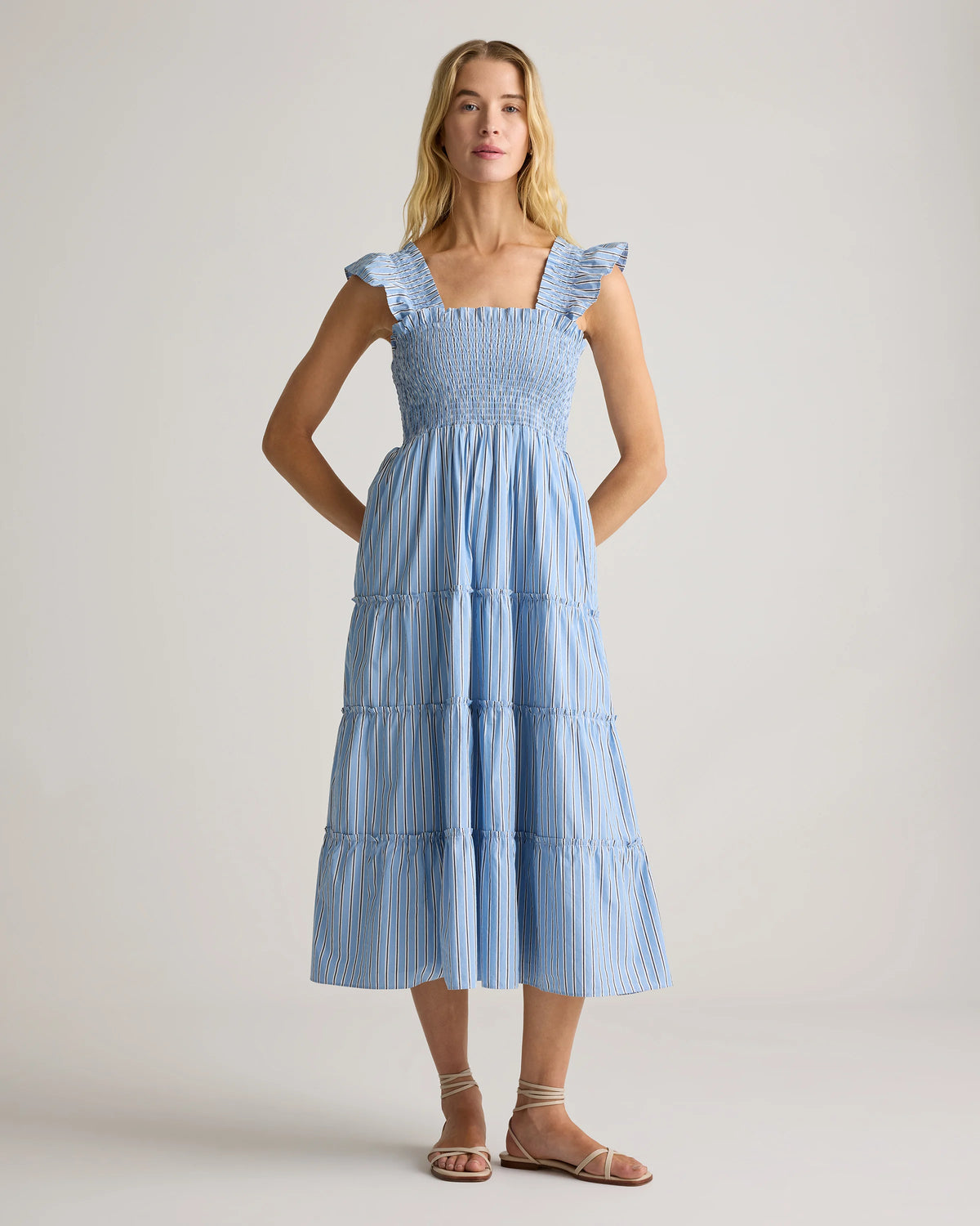 100% Organic Cotton Poplin Smocked Midi Dress - XS / Riviera Blue Heirloom Floral