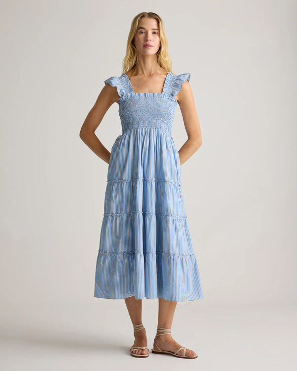 100% Organic Cotton Poplin Smocked Midi Dress - XS / Riviera Blue Heirloom Floral