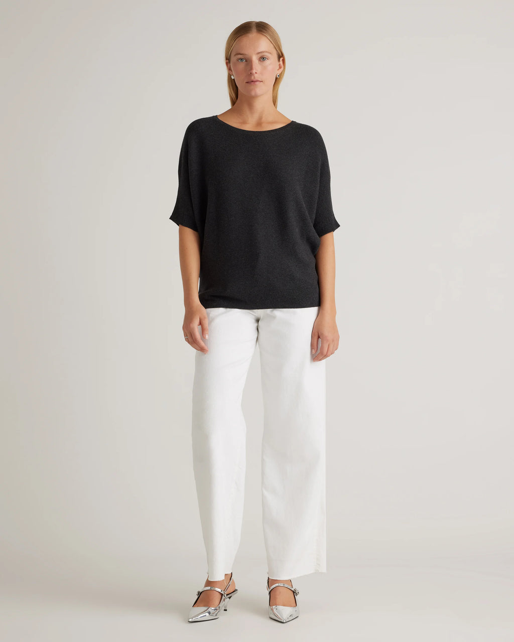Lightweight Cotton Cashmere Link-Stitch Dolman Sweater - XS / Sugar Stone