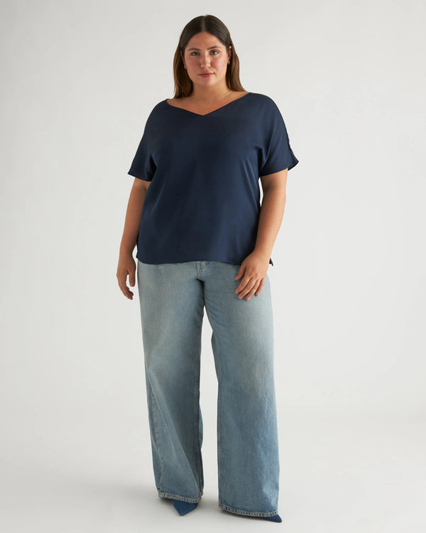 Washable Stretch Silk Reversible V-Neck Blouse - XS / Navy