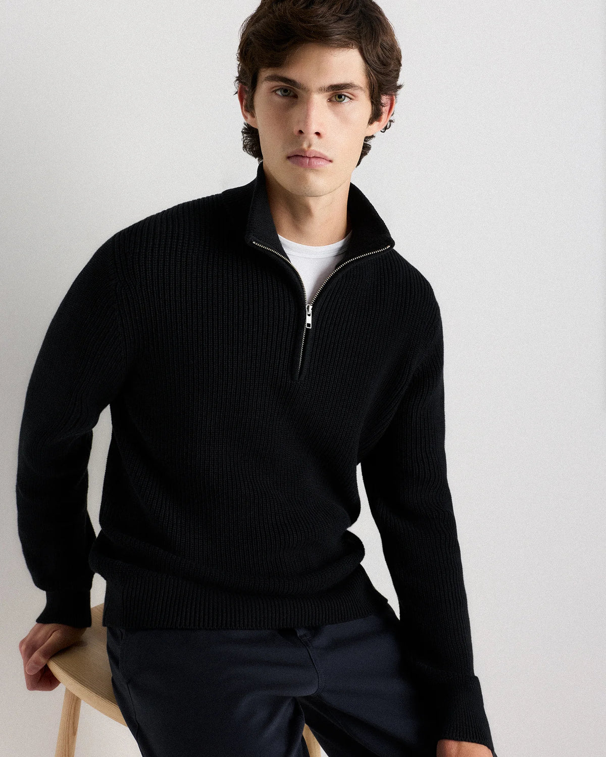 100% Organic Cotton Ribbed Quarter-Zip Sweater - S / Navy