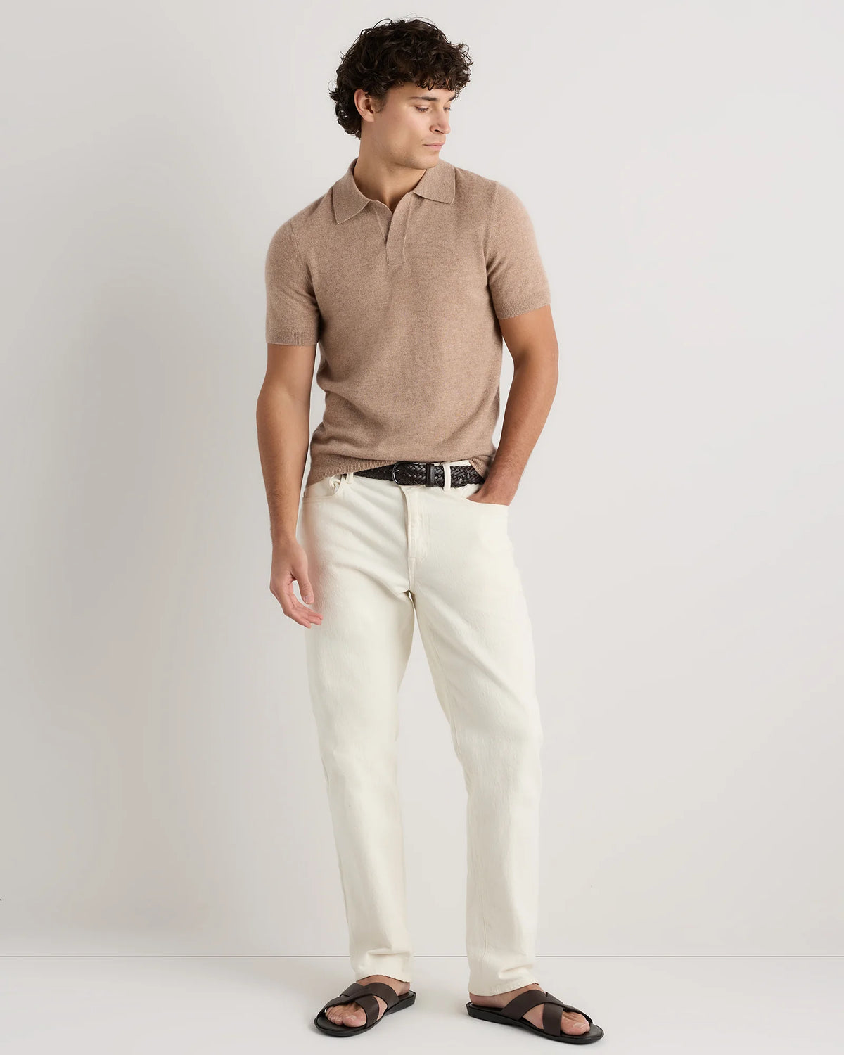 100% Mongolian Cashmere Johnny Collar Polo Sweater - S / Oatmeal Main image