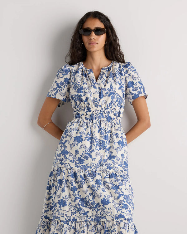 100% Organic Cotton Poplin Tiered Maxi Dress - XS / Riviera Blue Heirloom Floral
