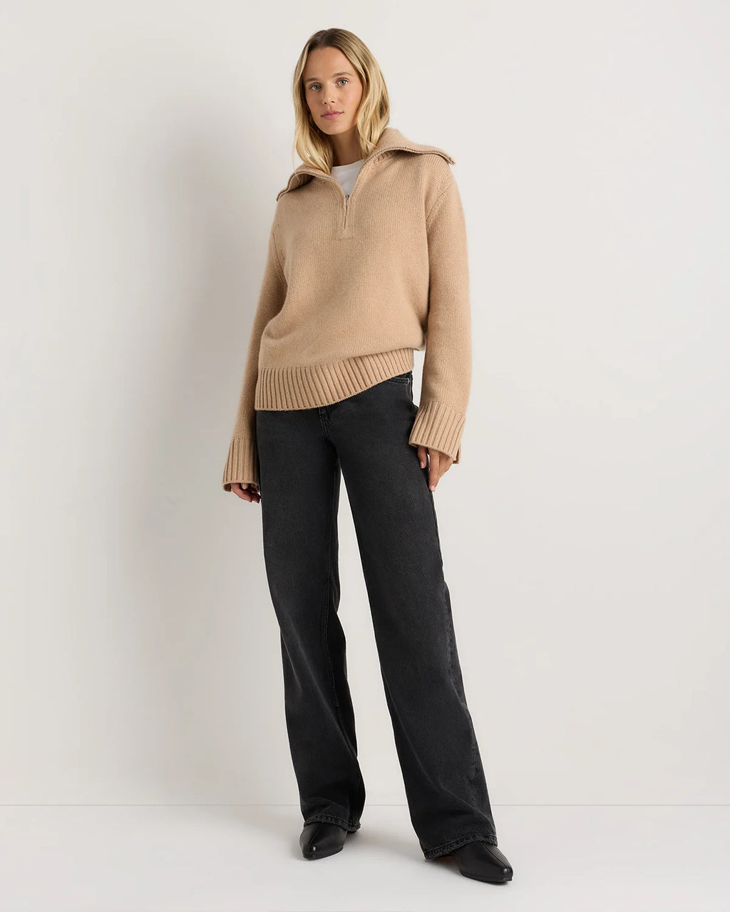 Luxe Baby Cashmere Quarter Zip Sweater - XS / Creamy Cortado