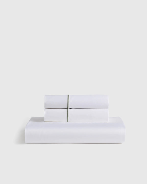 Signature Giza Cotton Sateen Embroidered Fitted Sheet Set - Twin / White/Dried Sage