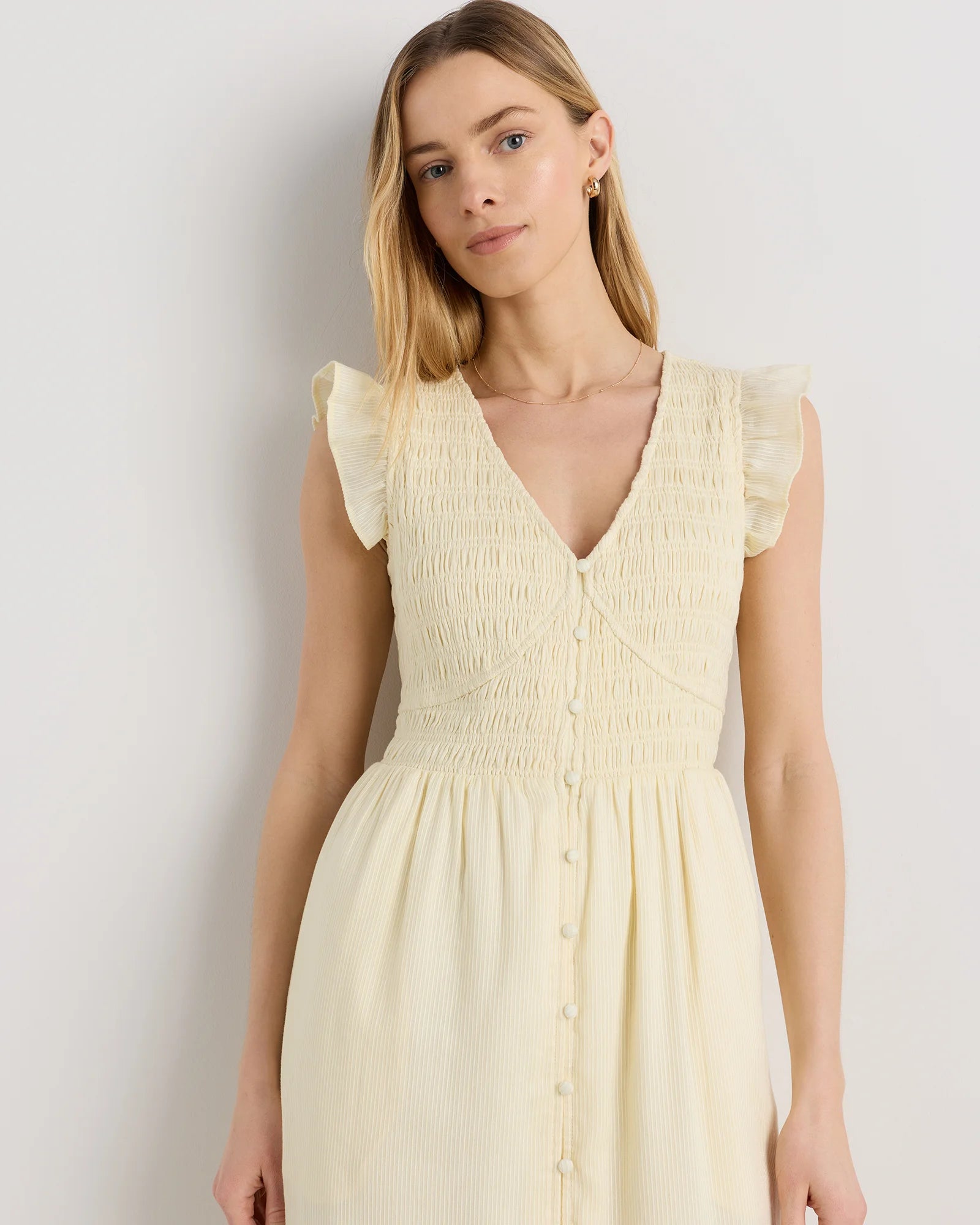 Organic Textured Cotton Smocked V-Neck Midi Dress - XS / Pale Custard Yellow Secondary image