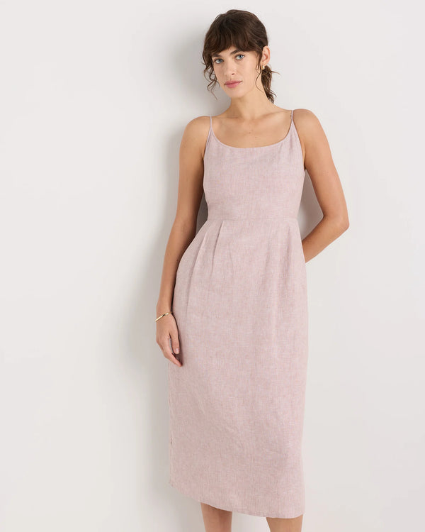 100% European Linen Scoop Neck Midi Dress - XS / Ivory Porcelain Blue Petite Floral