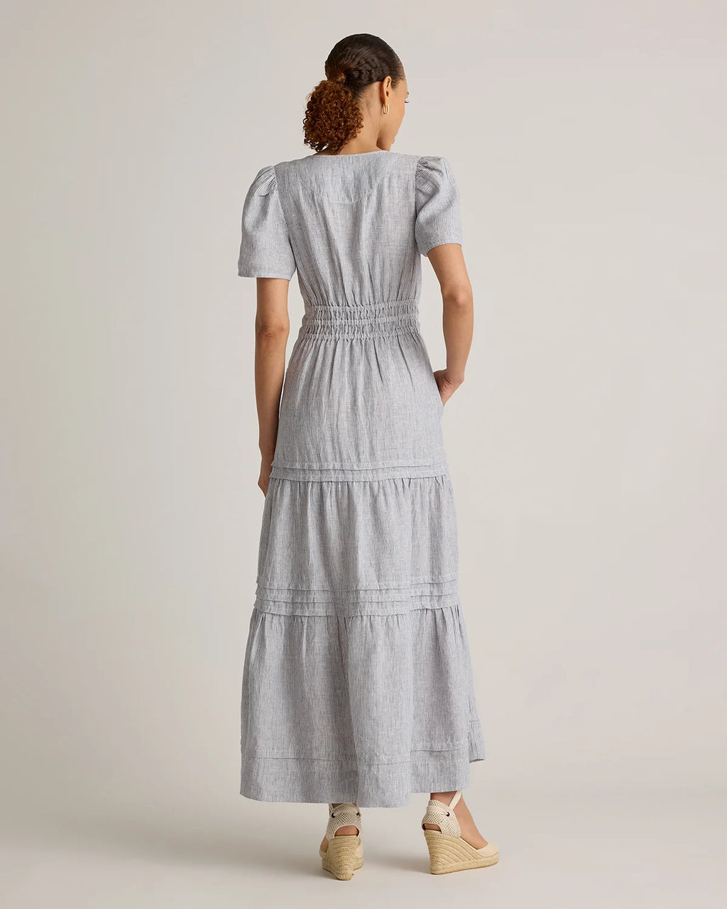 100% European Linen Tiered Maxi Dress - XS / Ivory Porcelain Blue Petite Floral