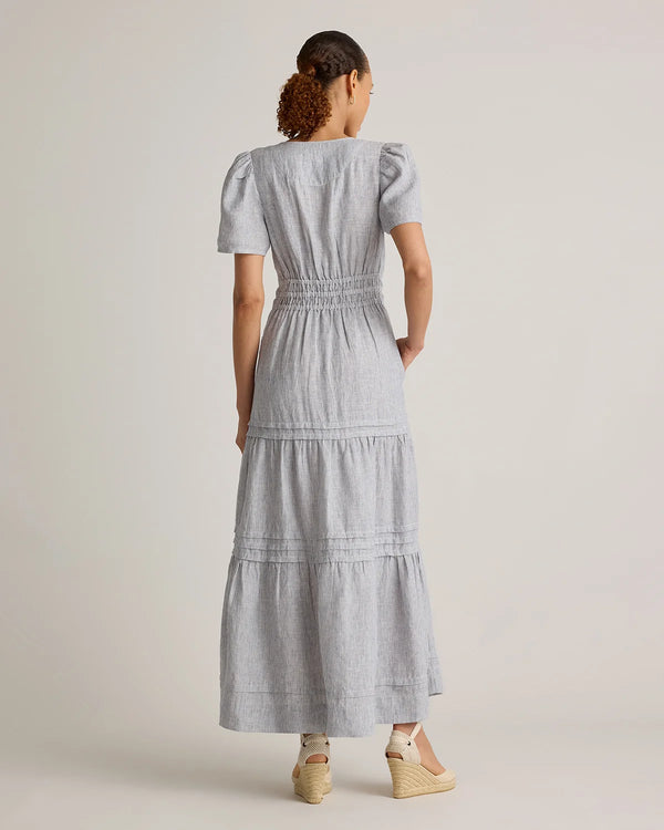 100% European Linen Tiered Maxi Dress - XS / Ivory Porcelain Blue Petite Floral