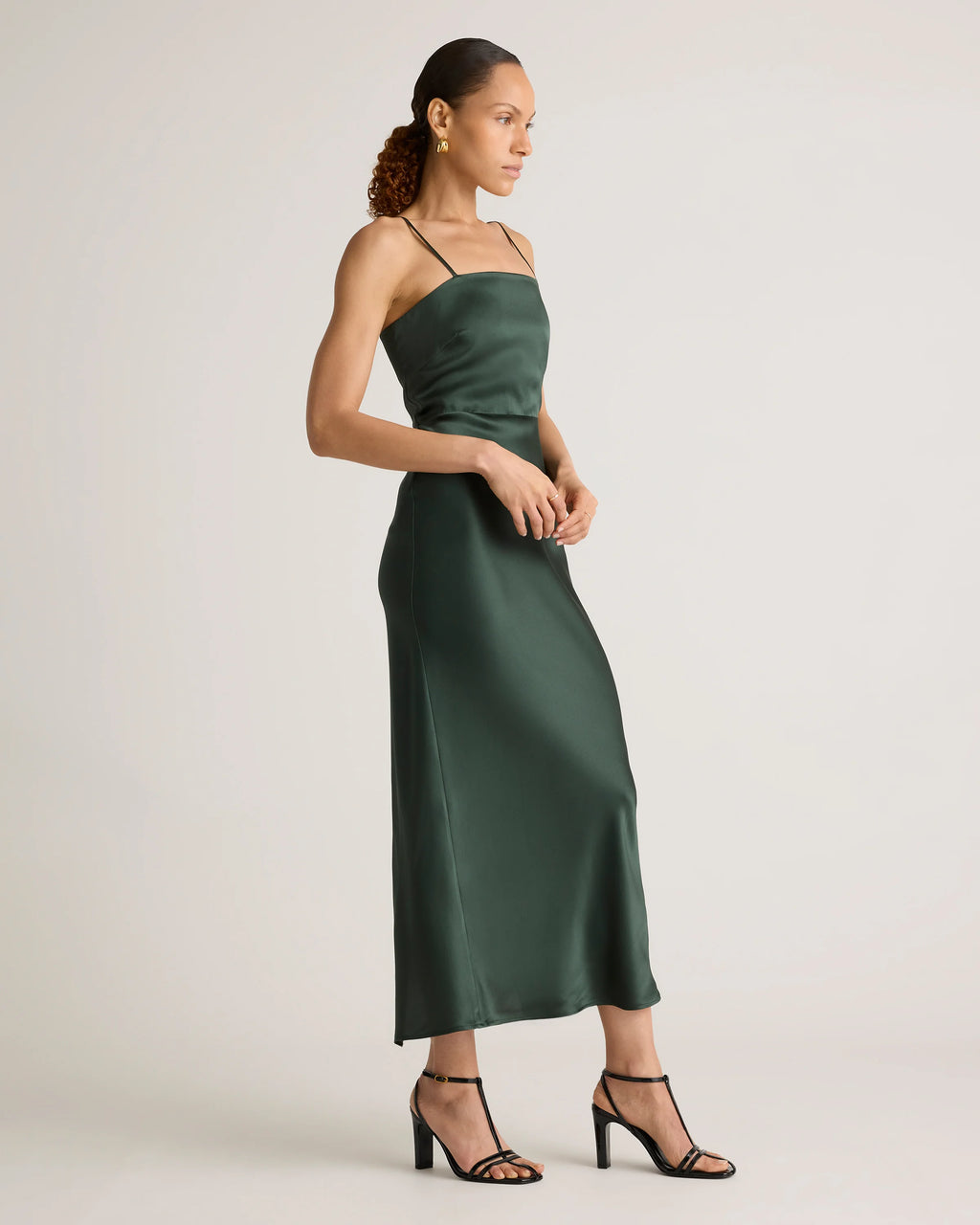 100% Washable Silk Square Neck Maxi Dress - XS / Forest Green