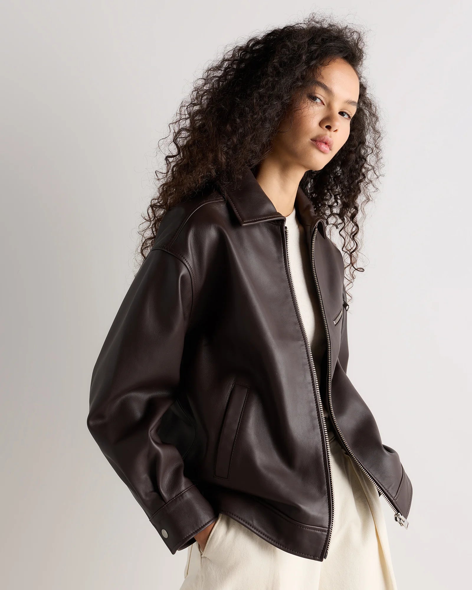 100% Leather Oversized Bomber Jacket - XS / Rich Brown Secondary image