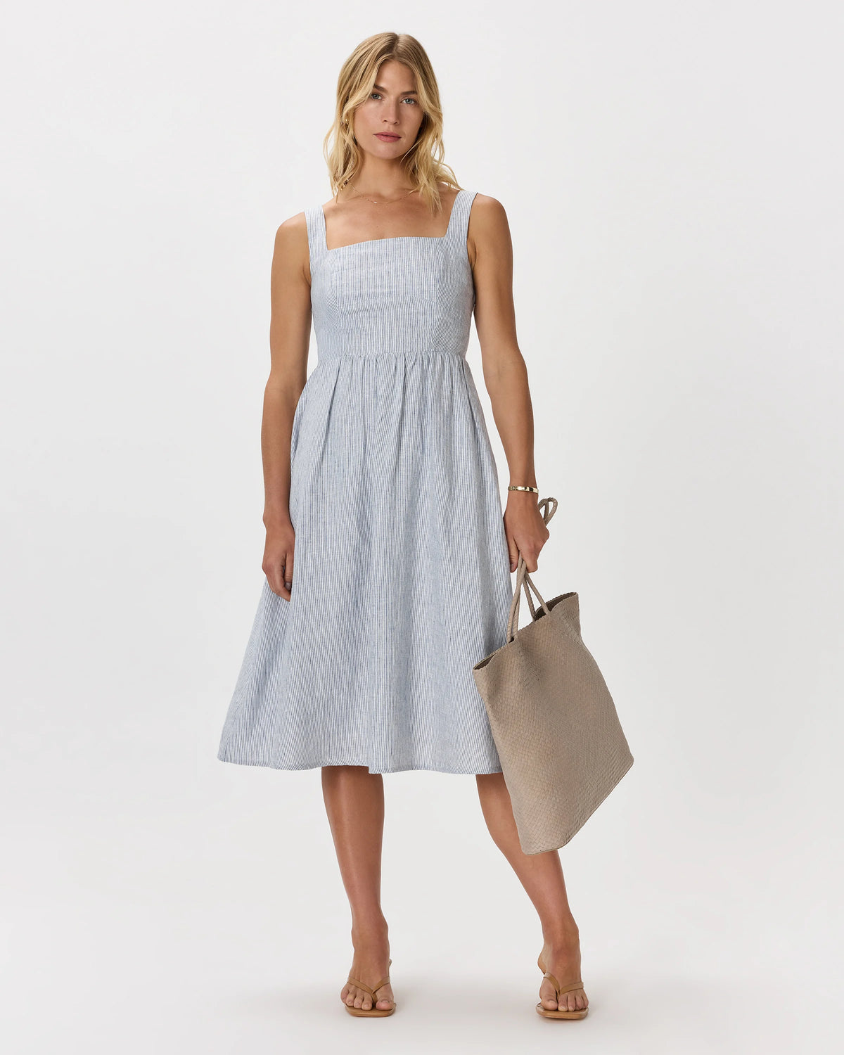 100% European Linen Fit & Flare Midi Dress - XS / Ivory Porcelain Blue Petite Floral
