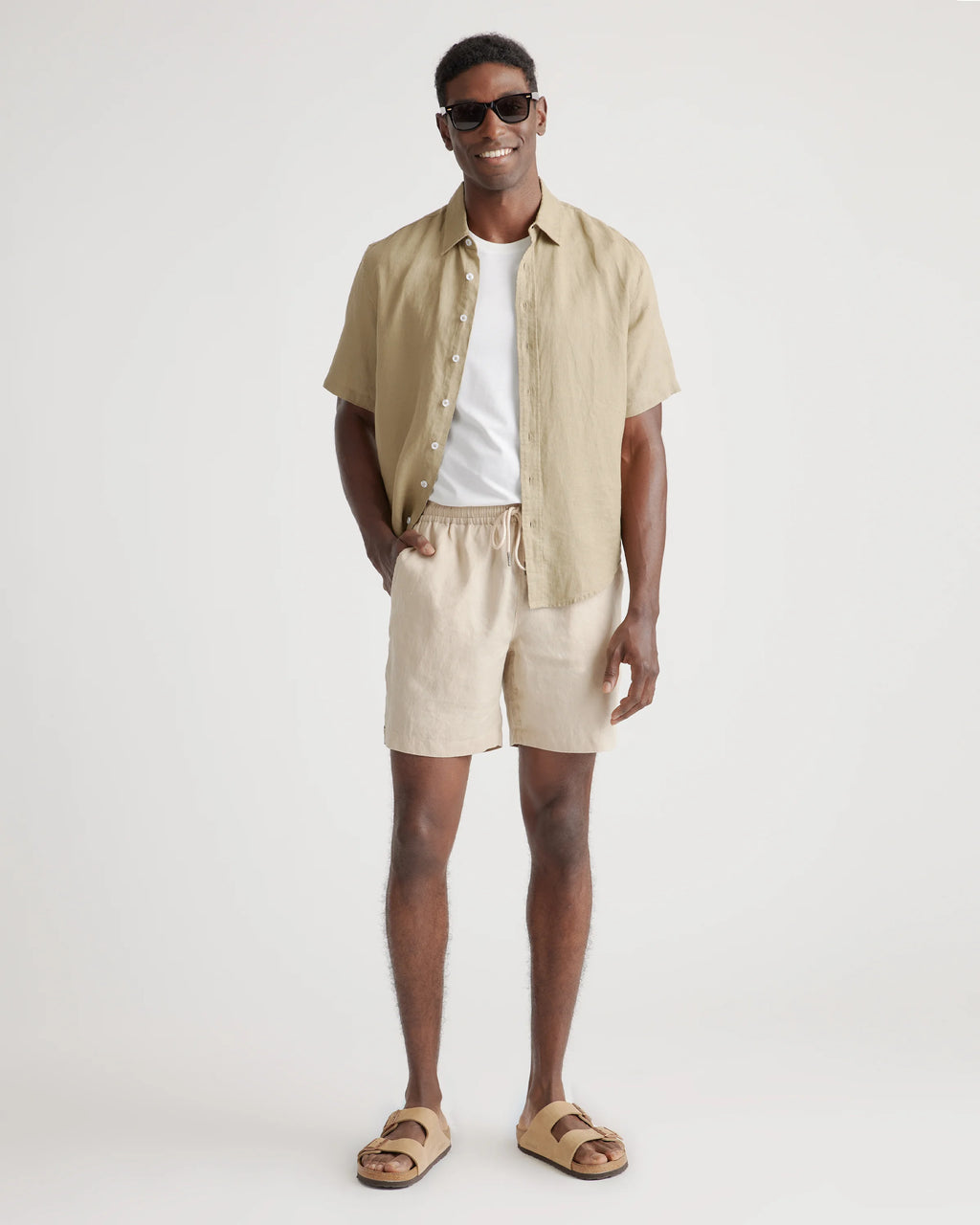 100% European Linen Drawstring Beach Shorts - 7" - XS / Taupe Brown Chambray