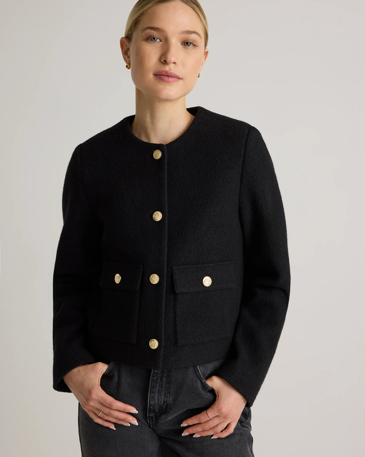100% Merino Wool Collarless Cropped Jacket - XS / Heather Bone