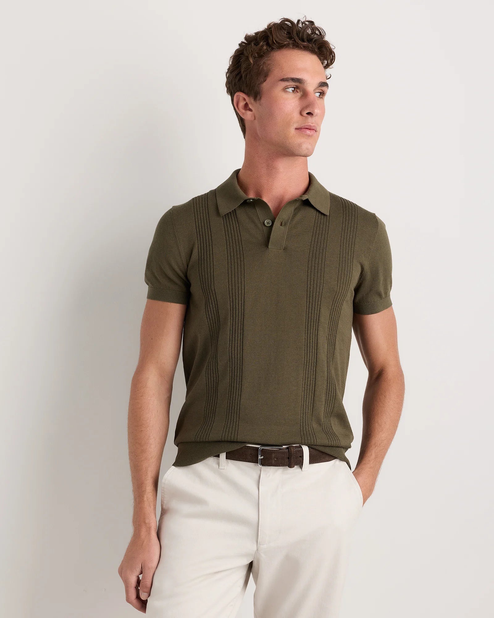 Cotton-Silk Ribbed Short Sleeve Sweater Polo - S / Speckled Beige Secondary image